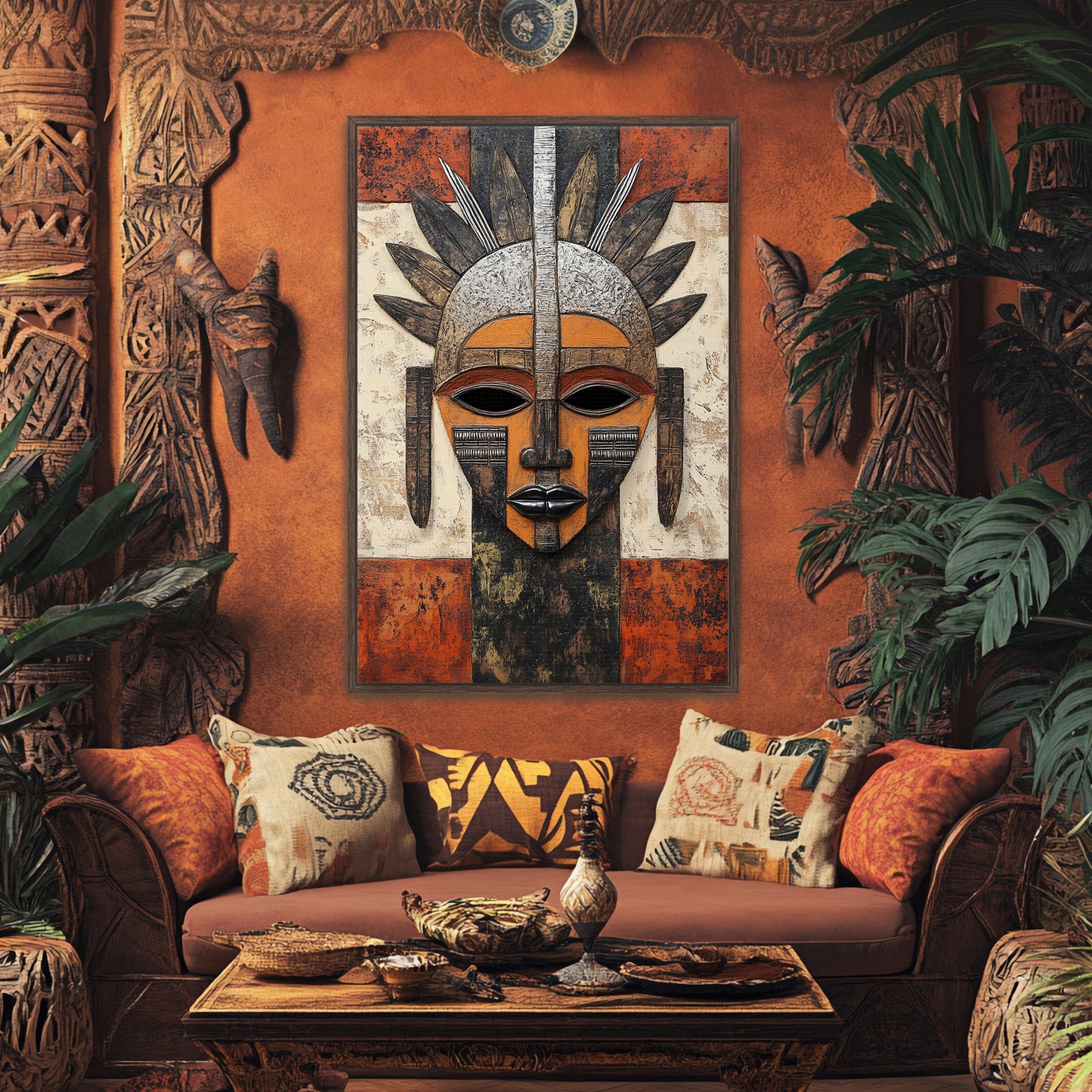 African Abstract Art Framed Canvas Print - "Guardian of Tradition"
