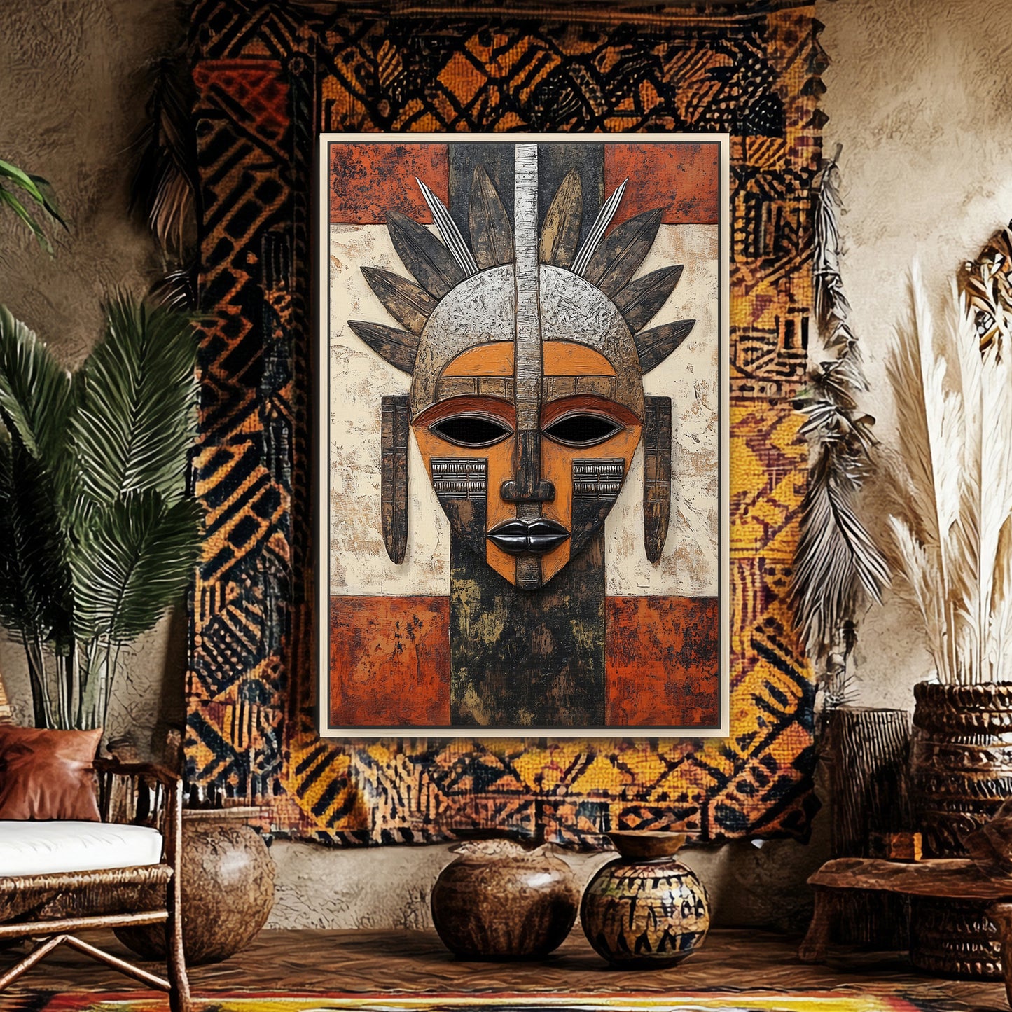 African Abstract Art Framed Canvas Print - "Guardian of Tradition"