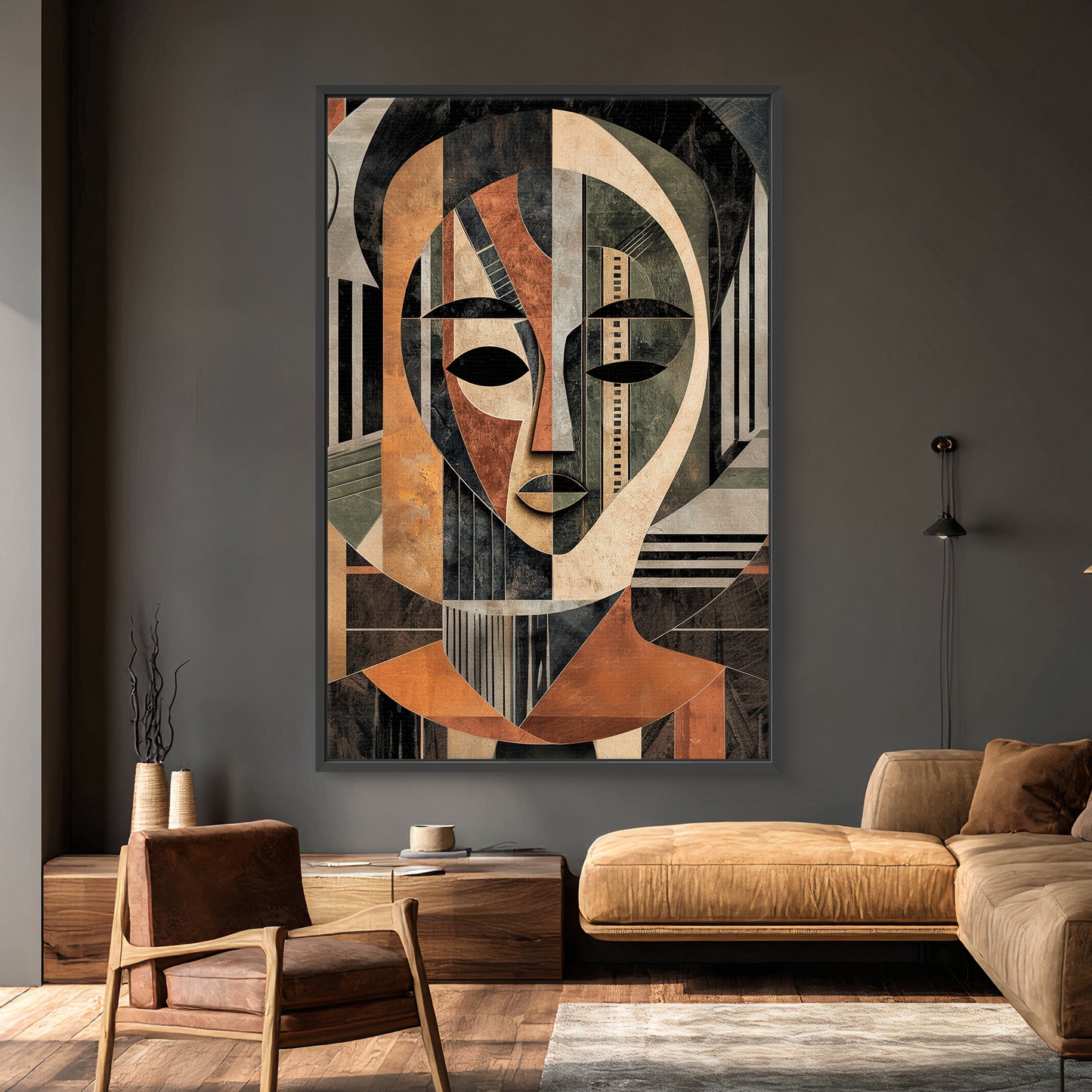 Framed abstract face canvas wall art with geometric design and earthy tones inspired by cultural heritage