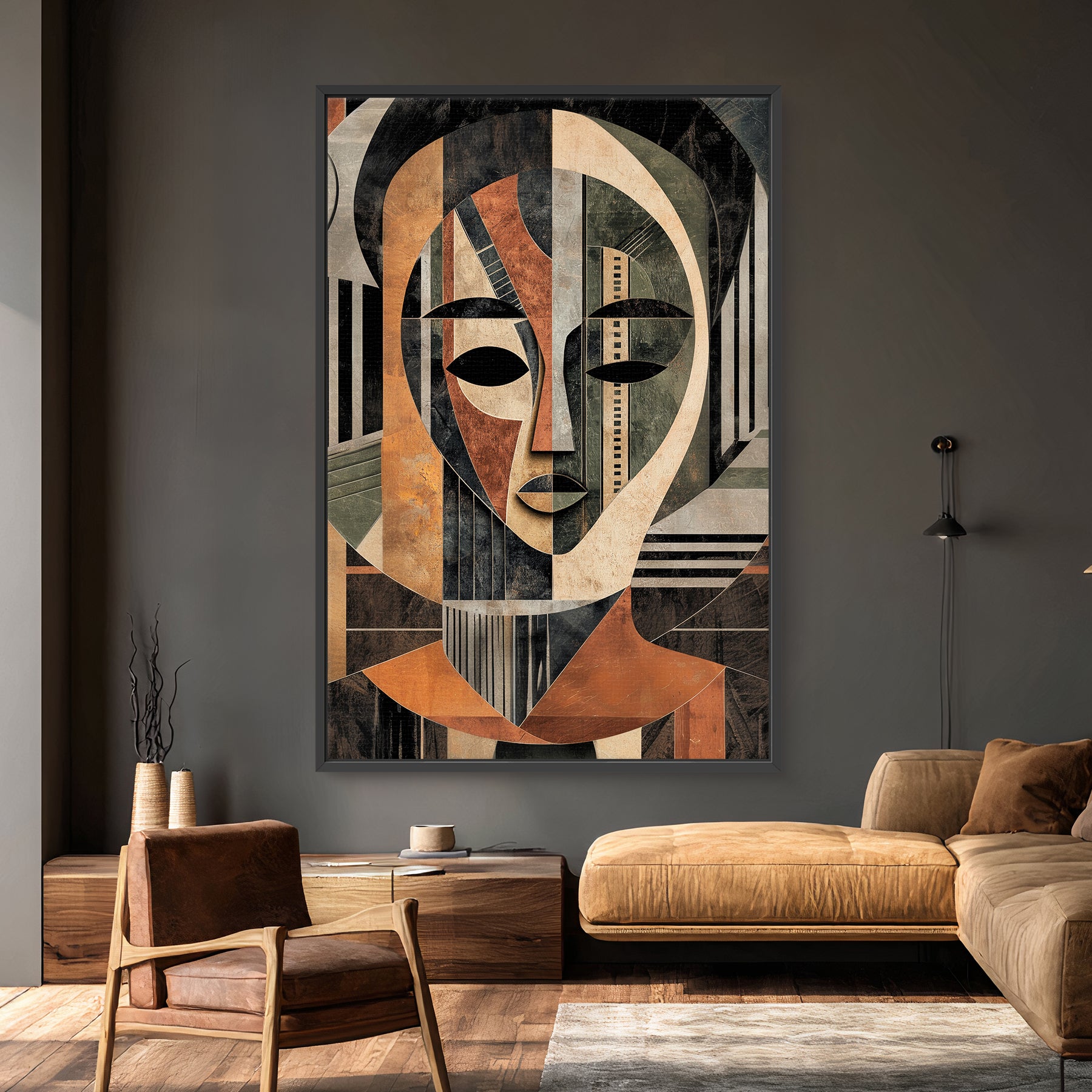 Framed abstract face canvas wall art with geometric design and earthy tones inspired by cultural heritage