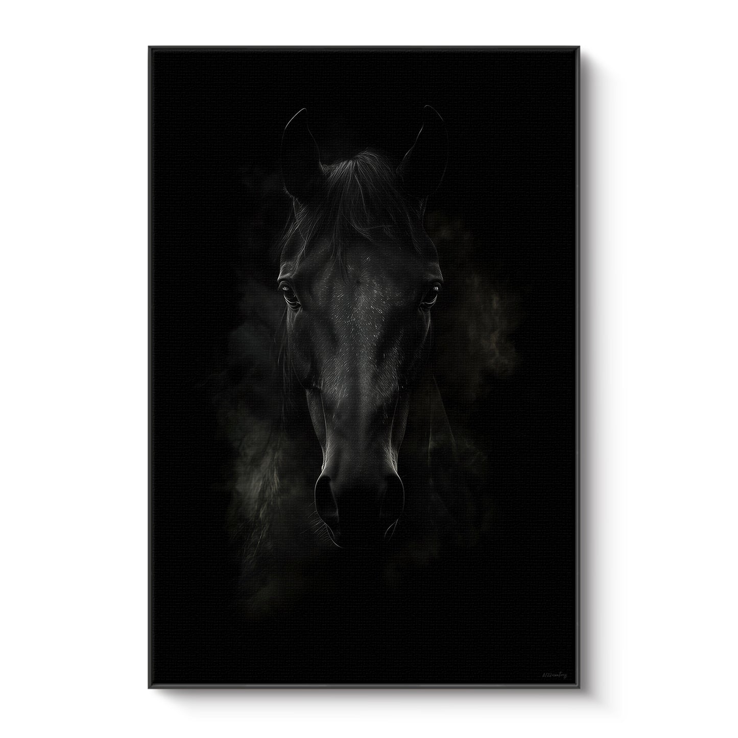 Framed canvas print of a dark horse portrait emerging from deep shadow with intense gaze — dramatic moody equine wall art in a floating frame