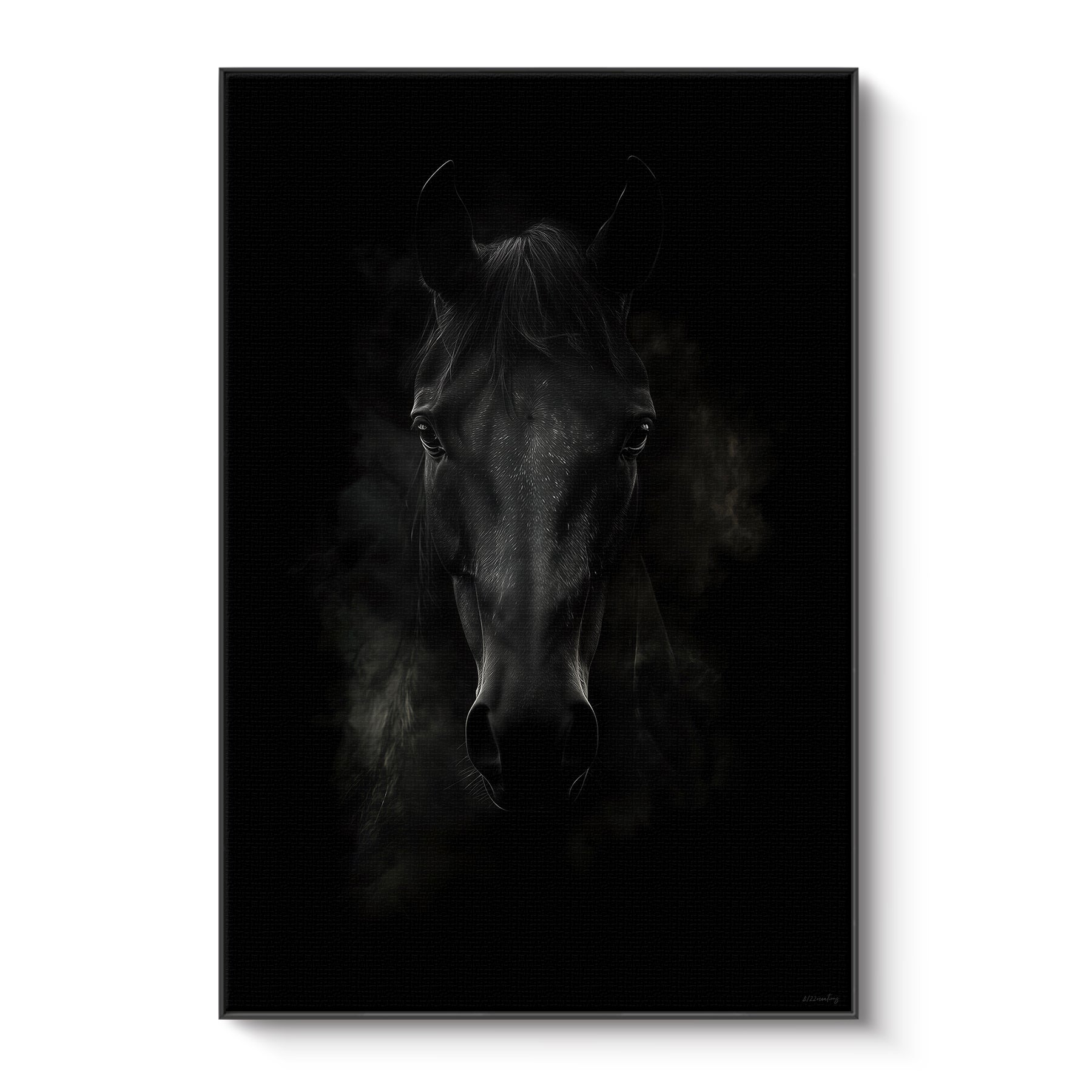 Framed canvas print of a dark horse portrait emerging from deep shadow with intense gaze — dramatic moody equine wall art in a floating frame