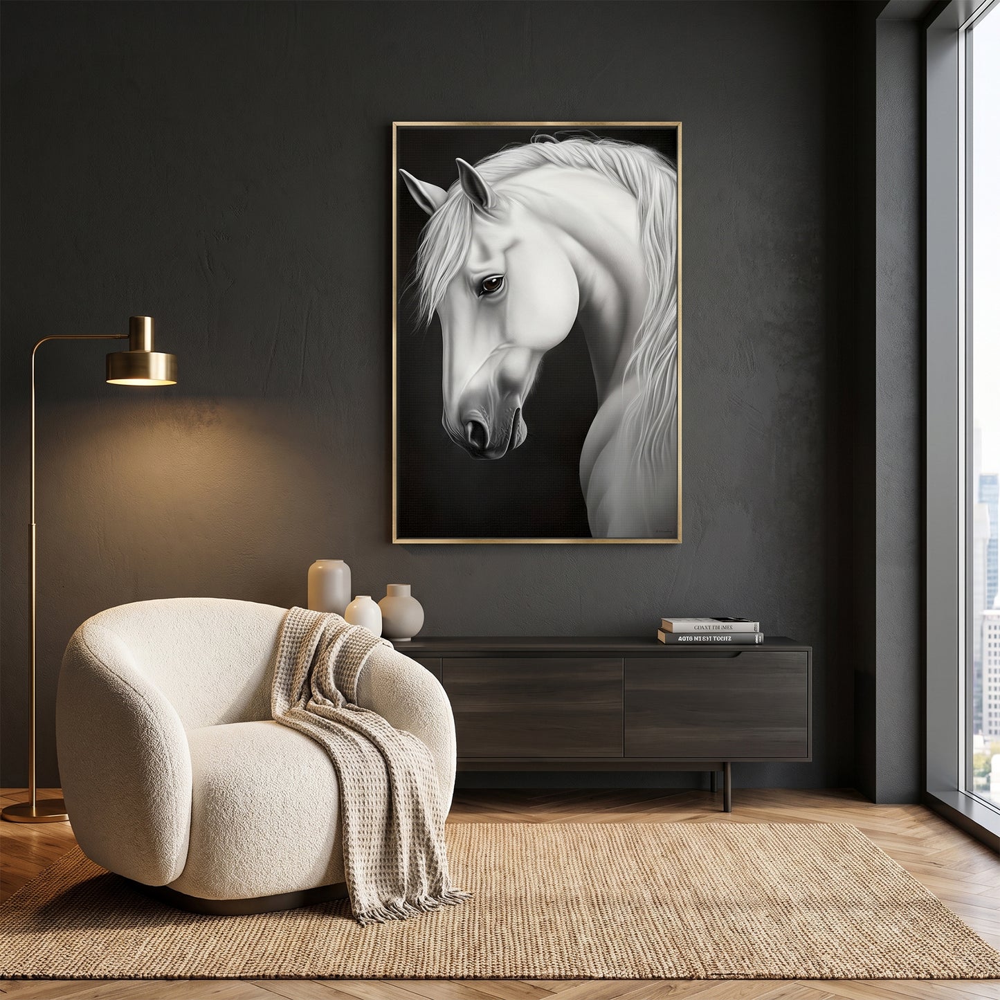 Horse Framed Canvas Wall Art – White Stallion