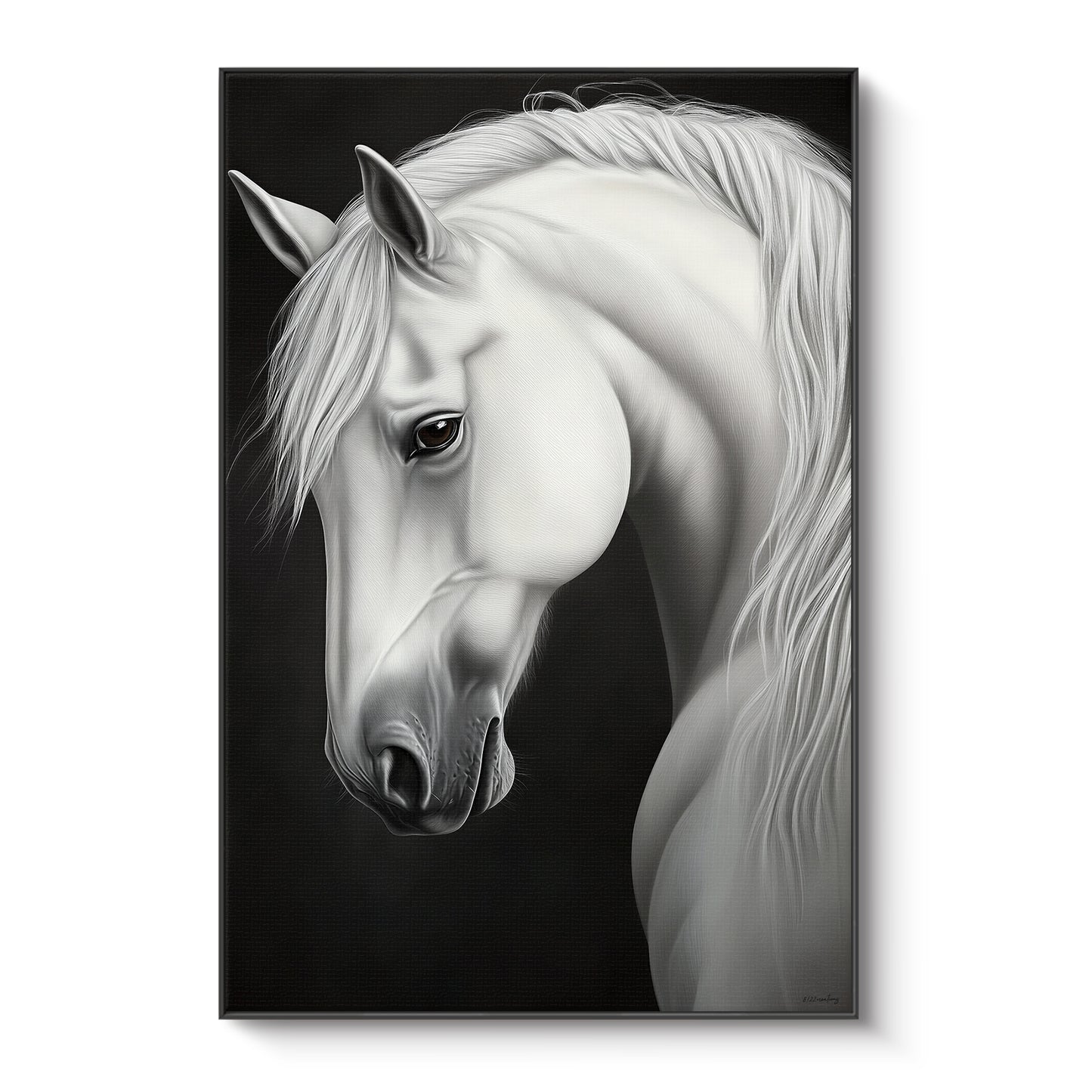 Framed canvas print of a luminous white horse portrait with flowing mane against a deep black background — dramatic black and white equine wall art in a black floating frame