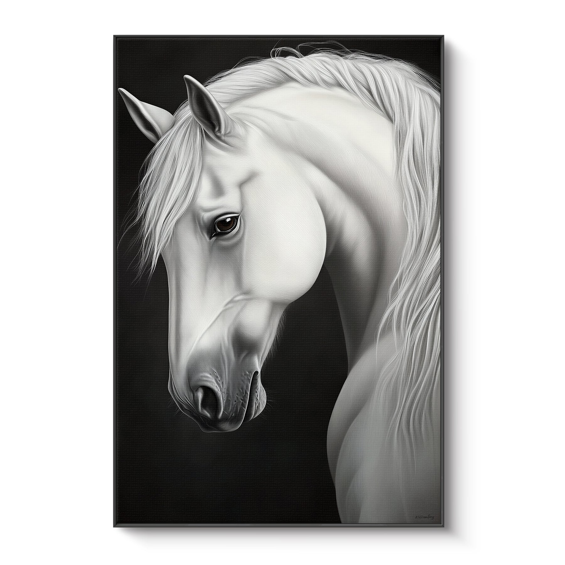Framed canvas print of a luminous white horse portrait with flowing mane against a deep black background — dramatic black and white equine wall art in a black floating frame