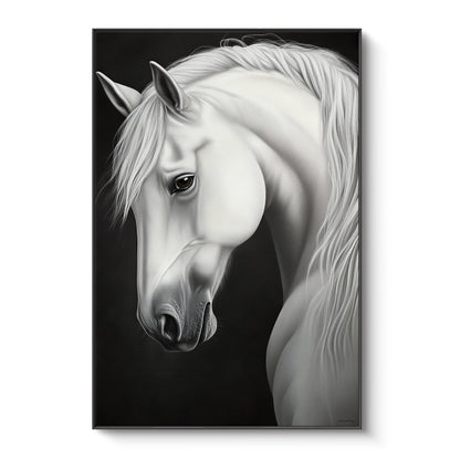 Framed canvas print of a luminous white horse portrait with flowing mane against a deep black background — dramatic black and white equine wall art in a black floating frame