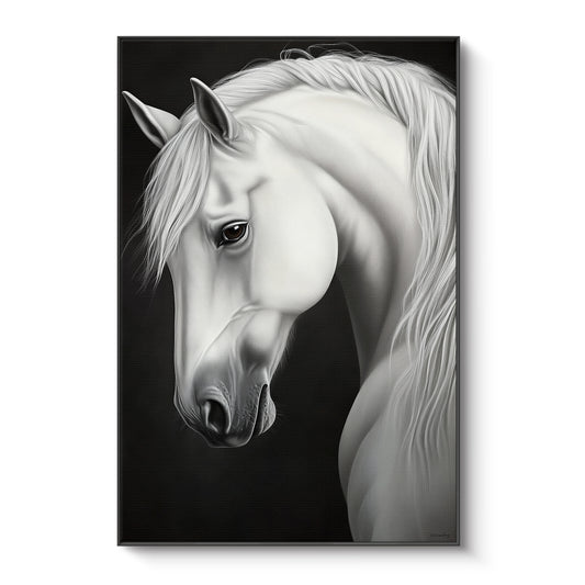 Framed canvas print of a luminous white horse portrait with flowing mane against a deep black background — dramatic black and white equine wall art in a black floating frame