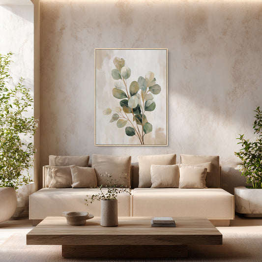 Framed botanical canvas wall art with eucalyptus leaves and soft neutral tones