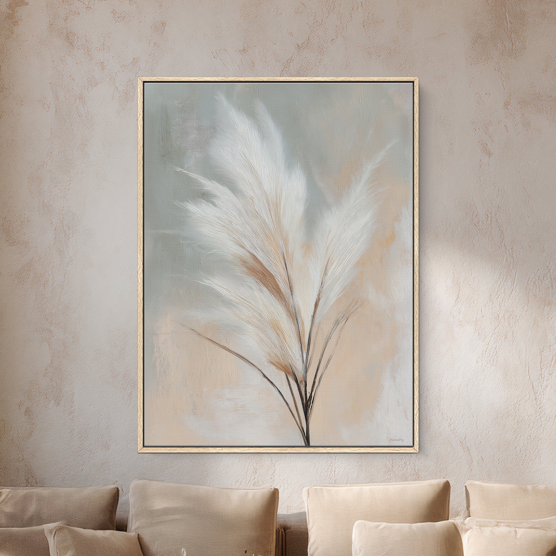 Framed botanical canvas wall art with pampas grass and soft neutral tones