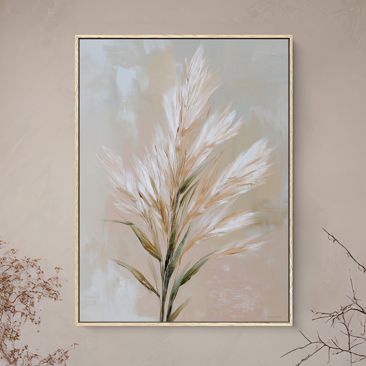 Framed botanical canvas wall art with pampas grass and soft neutral tones