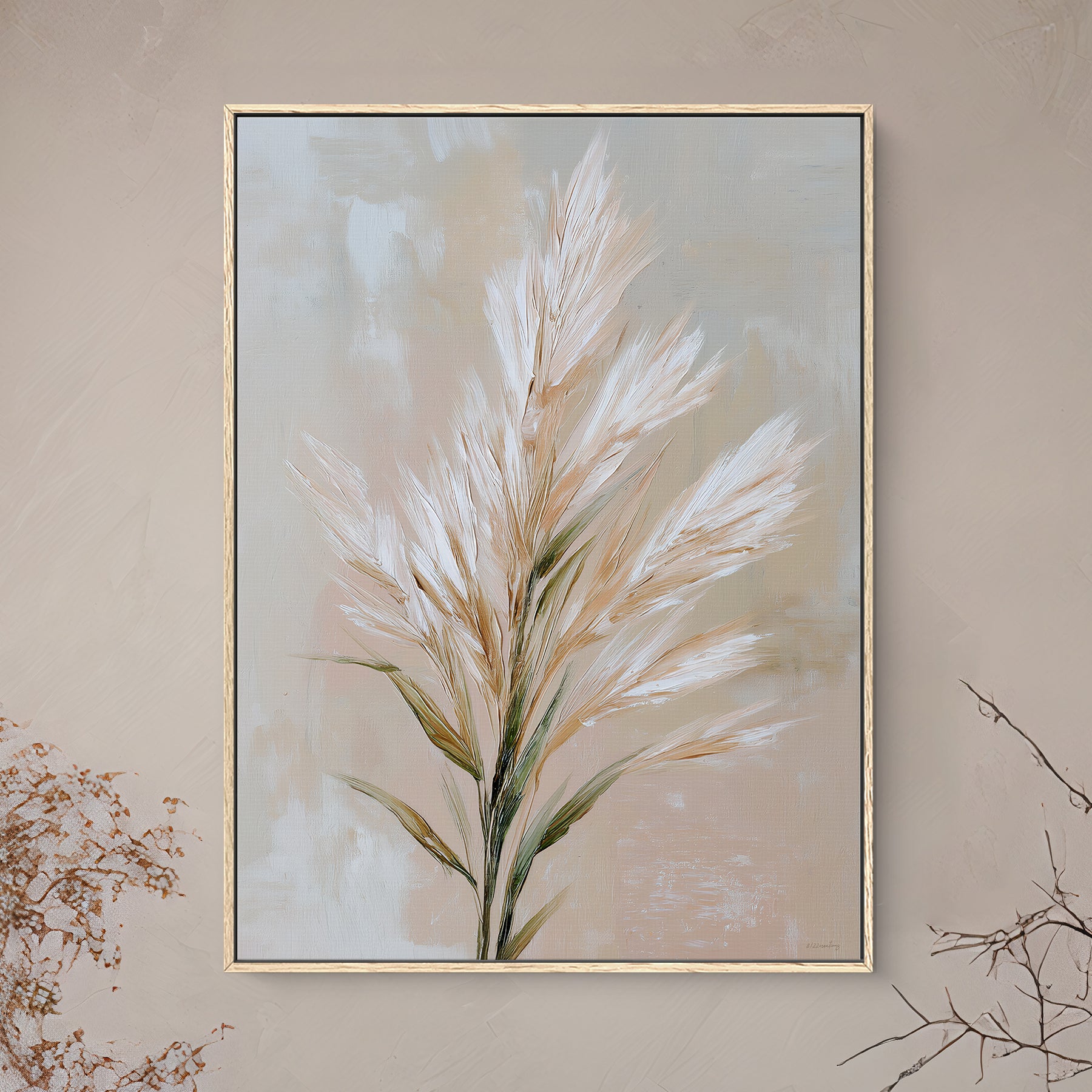 Framed botanical canvas wall art with pampas grass and soft neutral tones