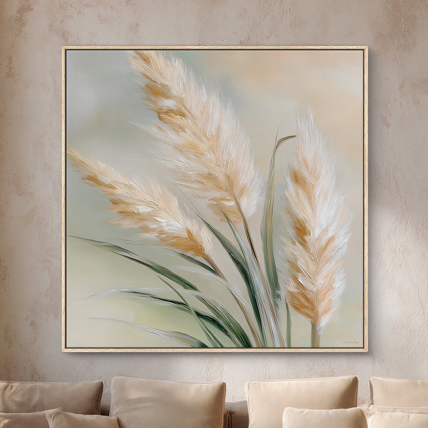 Framed botanical canvas wall art with pampas grass plumes in soft ivory and neutral tones
