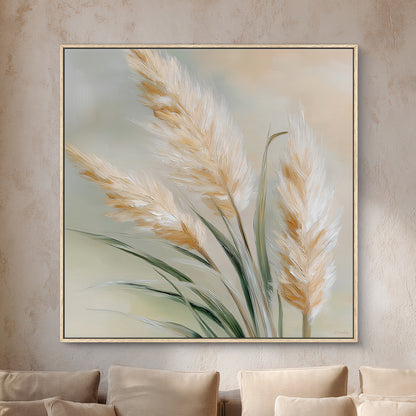 Framed botanical canvas wall art with pampas grass plumes in soft ivory and neutral tones