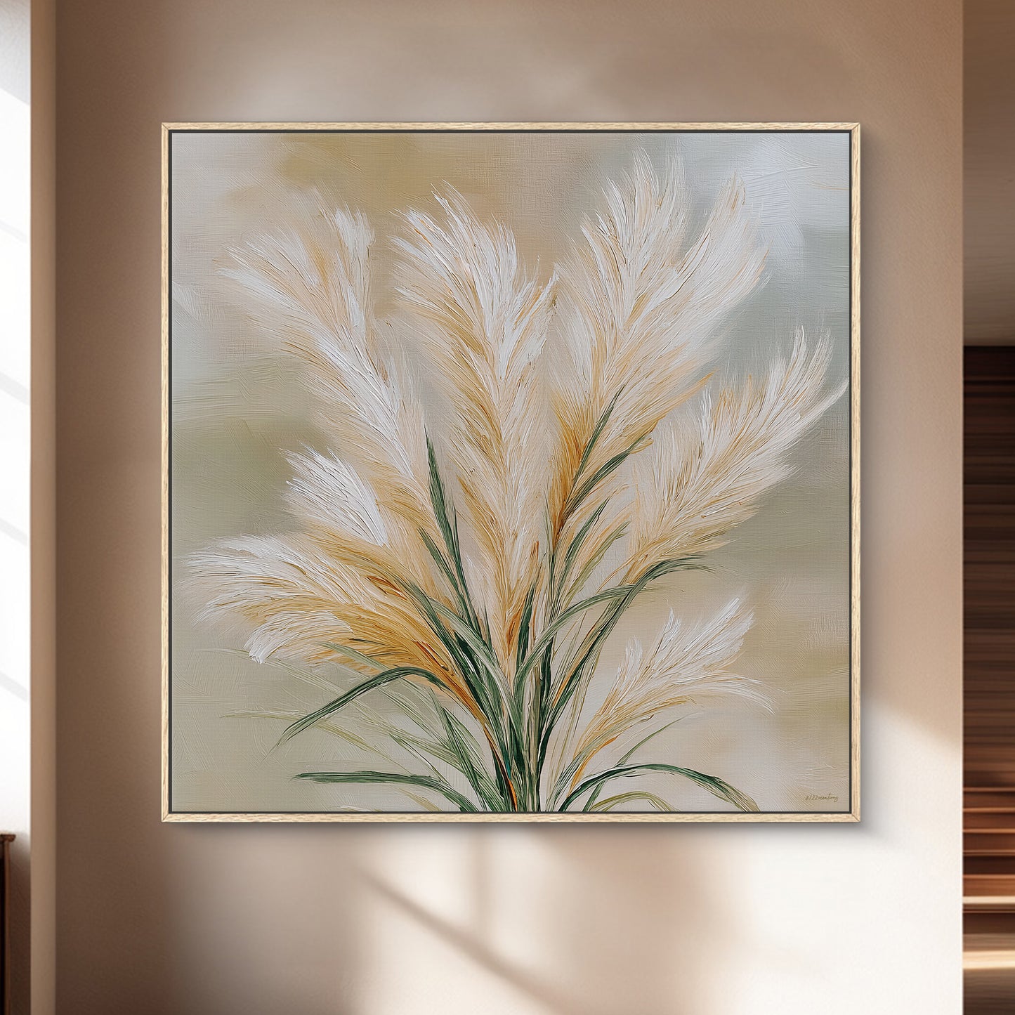 Framed botanical canvas wall art with pampas grass and soft neutral tones