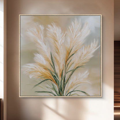 Framed botanical canvas wall art with pampas grass and soft neutral tones