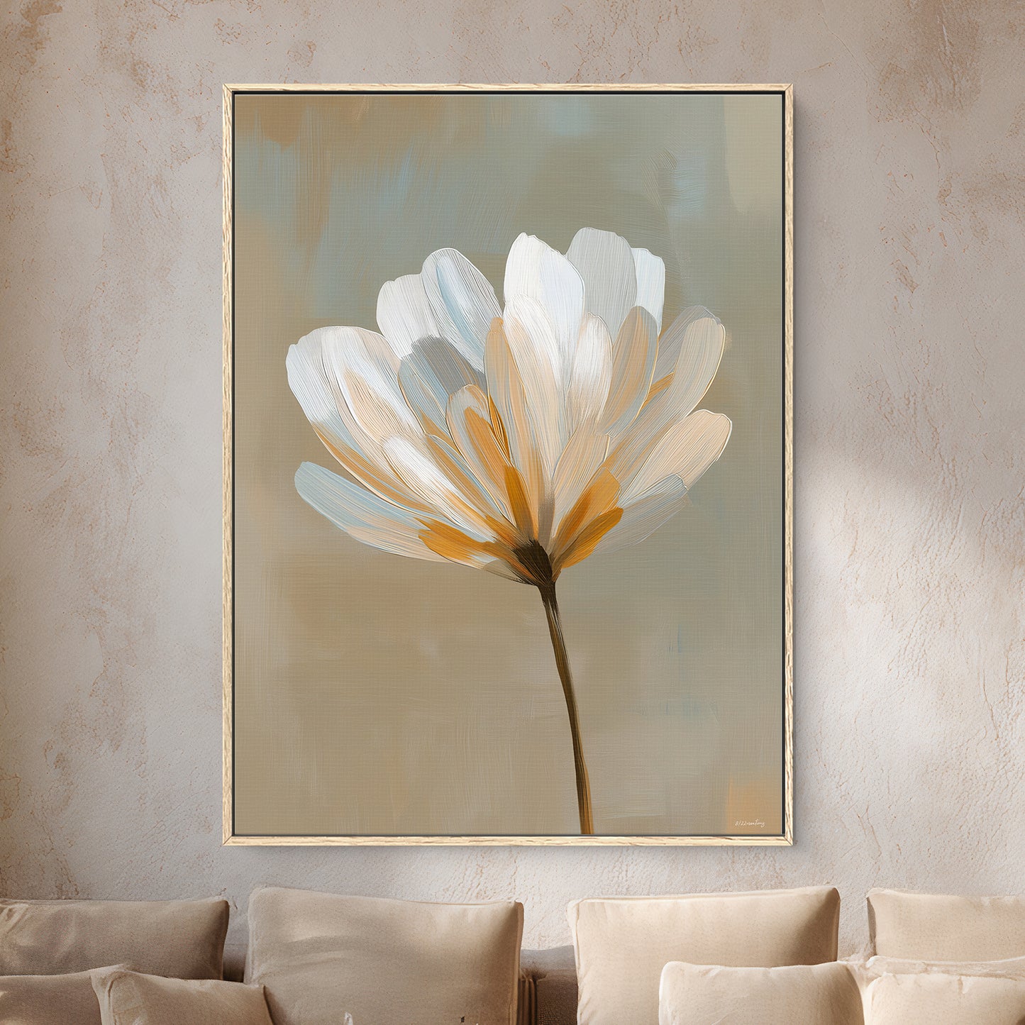 Framed canvas floral wall art featuring soft white petals and neutral tones on a minimalist background