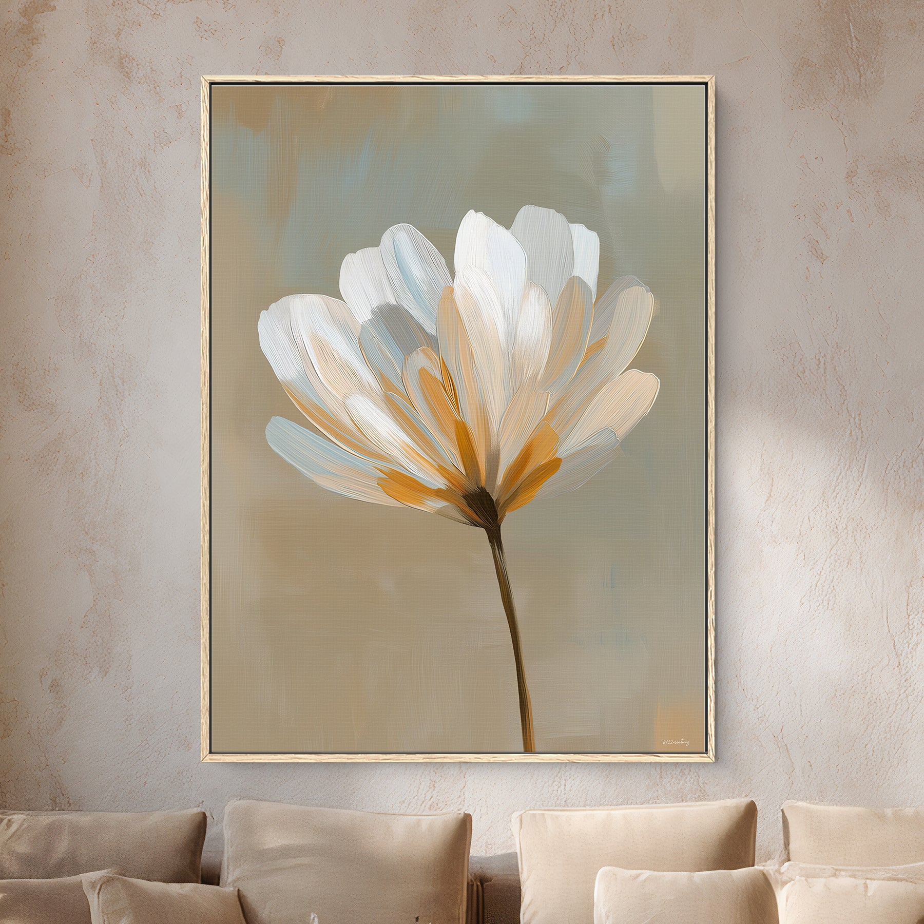 Framed canvas floral wall art featuring soft white petals and neutral tones on a minimalist background