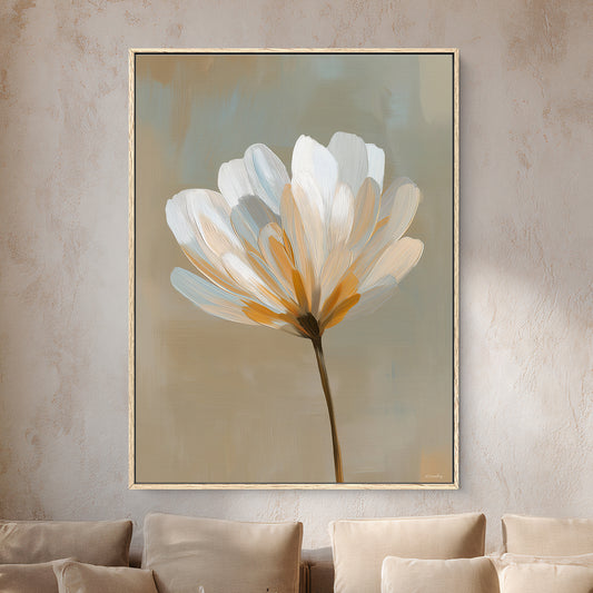 Framed canvas floral wall art featuring soft white petals and neutral tones on a minimalist background