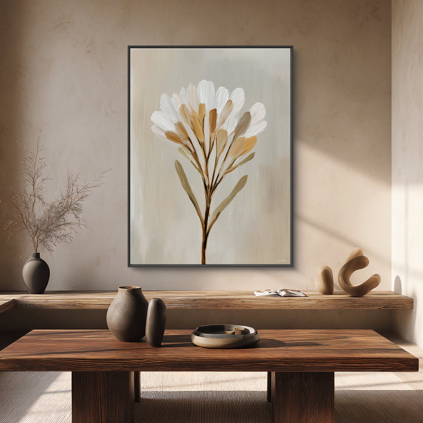 Minimalist Floral Framed Canvas Wall Art – Golden Whisper