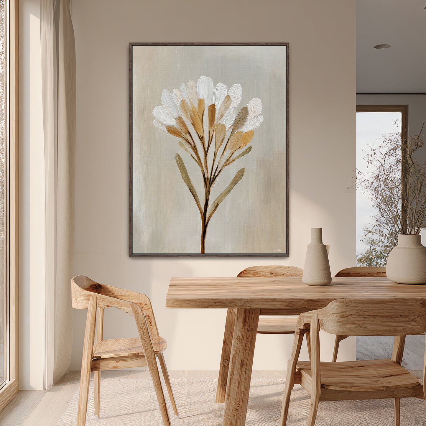 Minimalist Floral Framed Canvas Wall Art – Golden Whisper