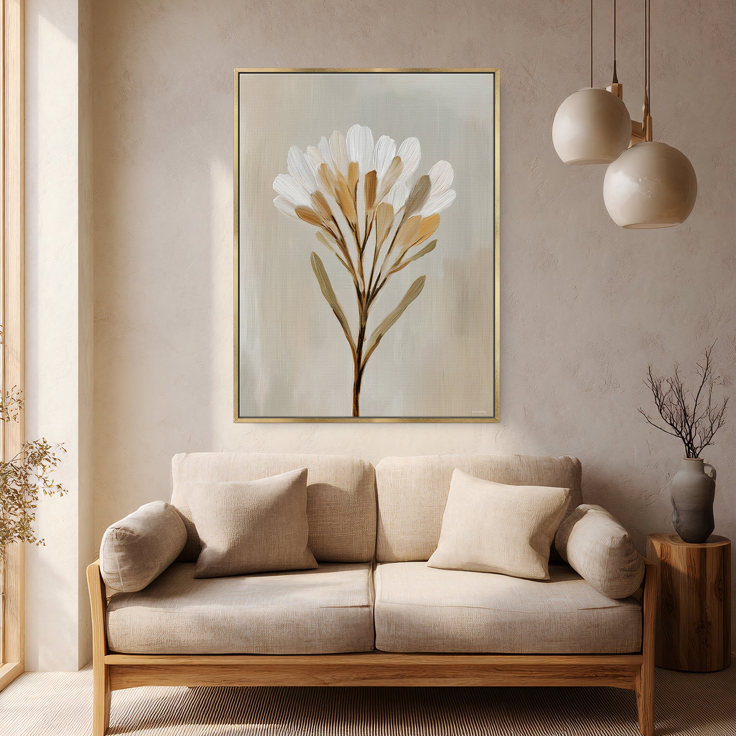Minimalist Floral Framed Canvas Wall Art – Golden Whisper