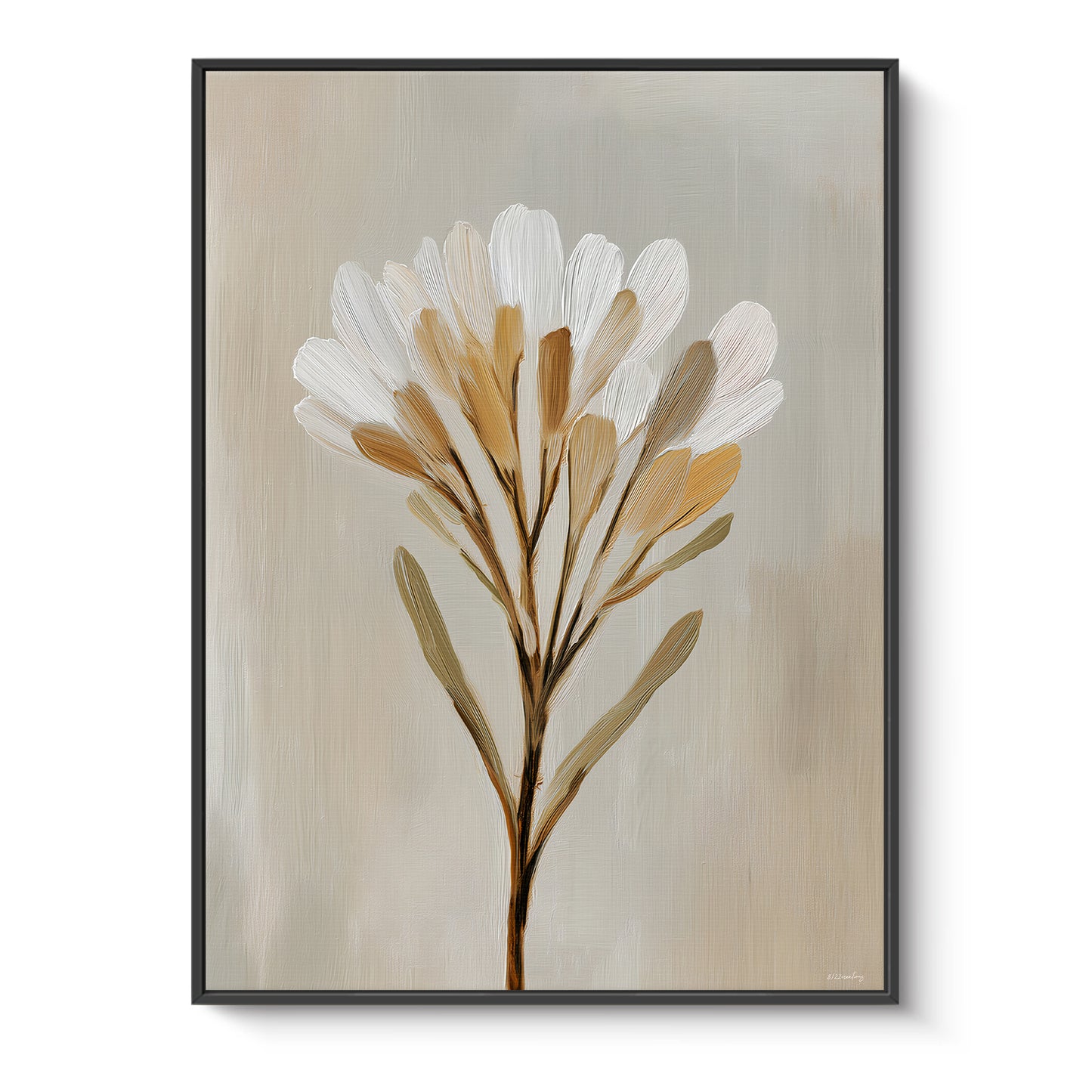 Minimalist Floral Framed Canvas Wall Art – Golden Whisper