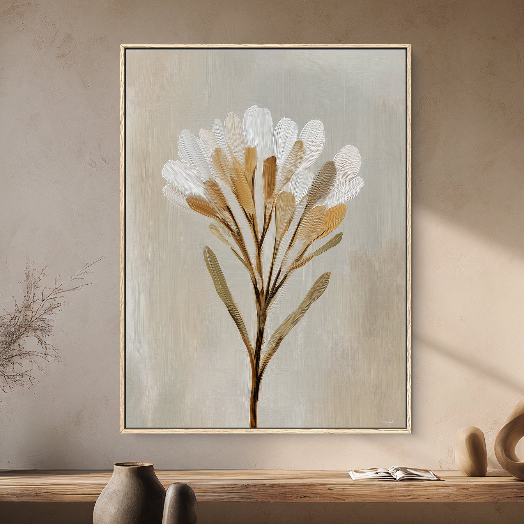 Framed minimalist floral canvas wall art in soft neutral tones. Designed to bring warmth and elegance to modern interiors.
