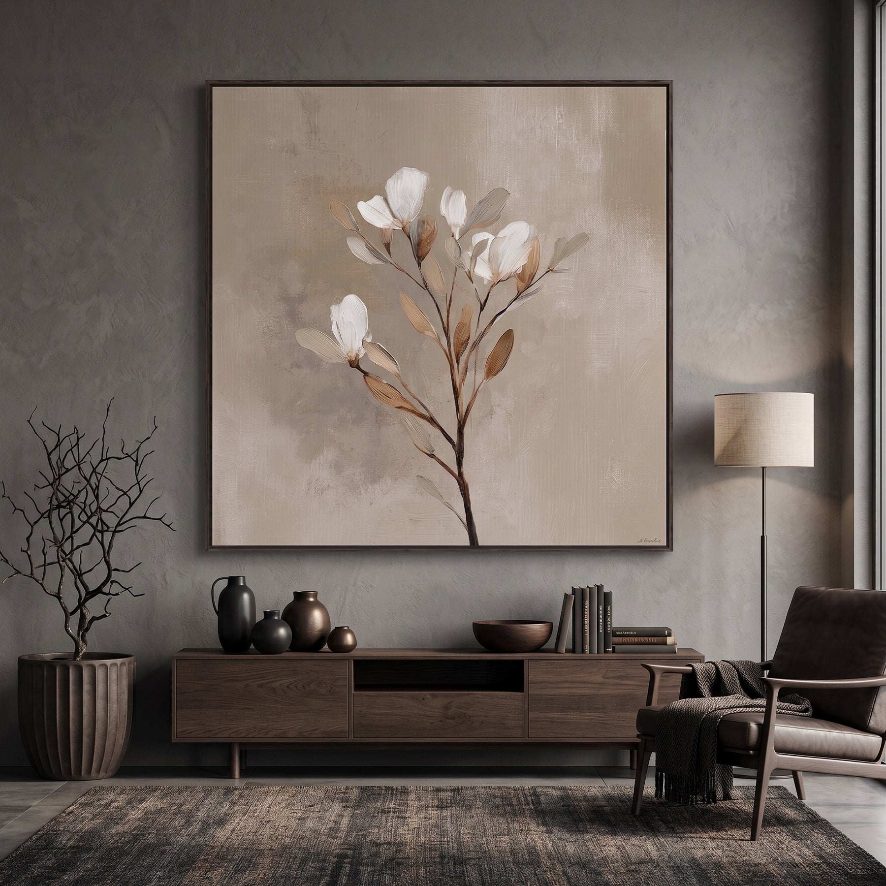 Framed canvas print featuring a single stem with white blooms and golden leaves against a soft taupe textured background in a floating frame