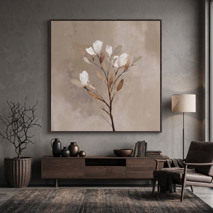 Framed canvas print featuring a single stem with white blooms and golden leaves against a soft taupe textured background in a floating frame