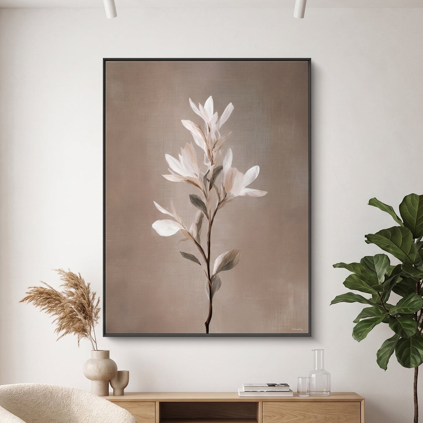 Framed canvas print featuring a tall slender stem with soft white and blush petals and sage leaves against a warm taupe background in a floating frame