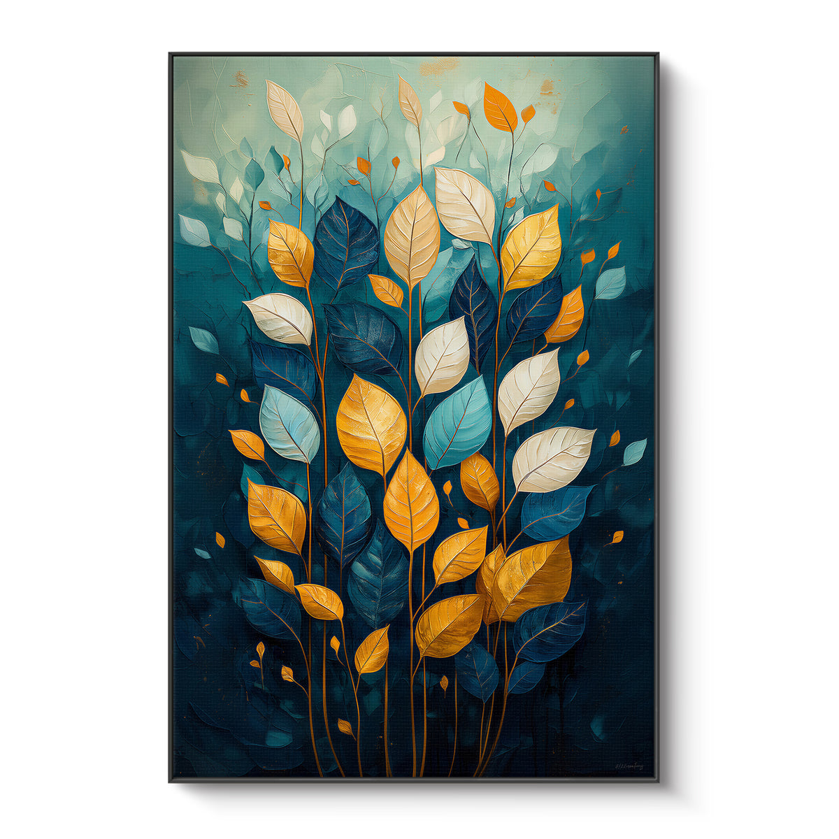 Framed canvas print with gold, navy and ivory leaves on copper stems against a deep teal background — vibrant leaf wall art in a black floating frame