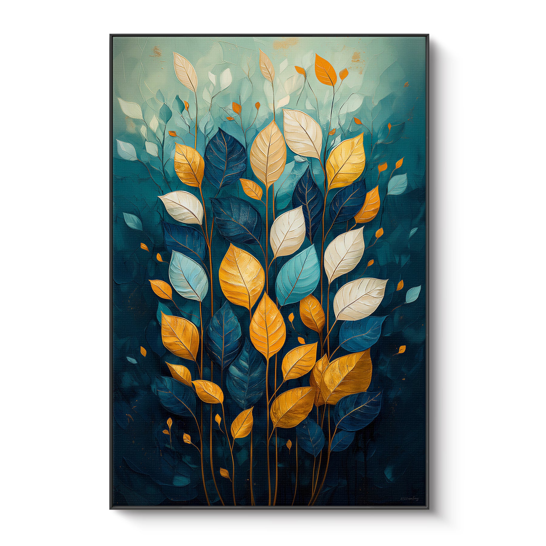 Framed canvas print with gold, navy and ivory leaves on copper stems against a deep teal background — vibrant leaf wall art in a black floating frame