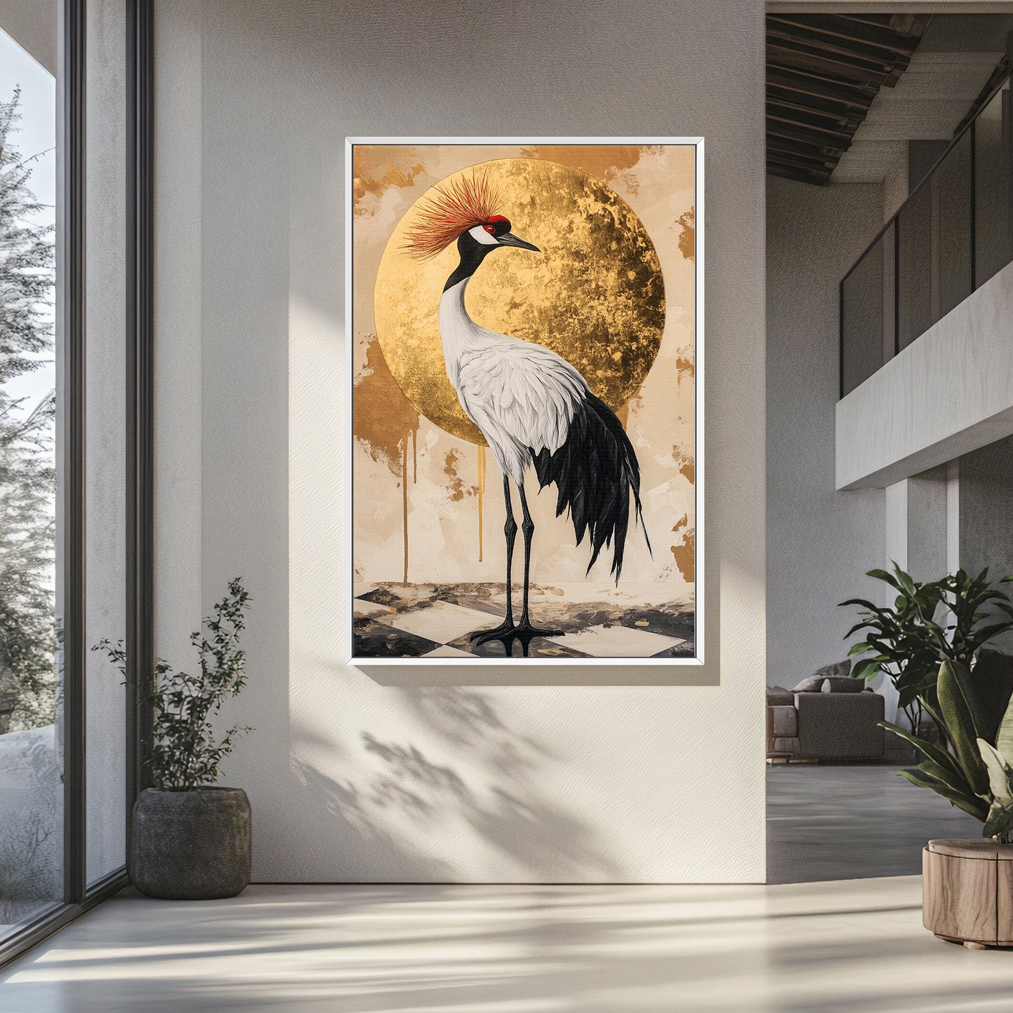 Asian Inspired Framed Canvas Print - "Celestial Crane"