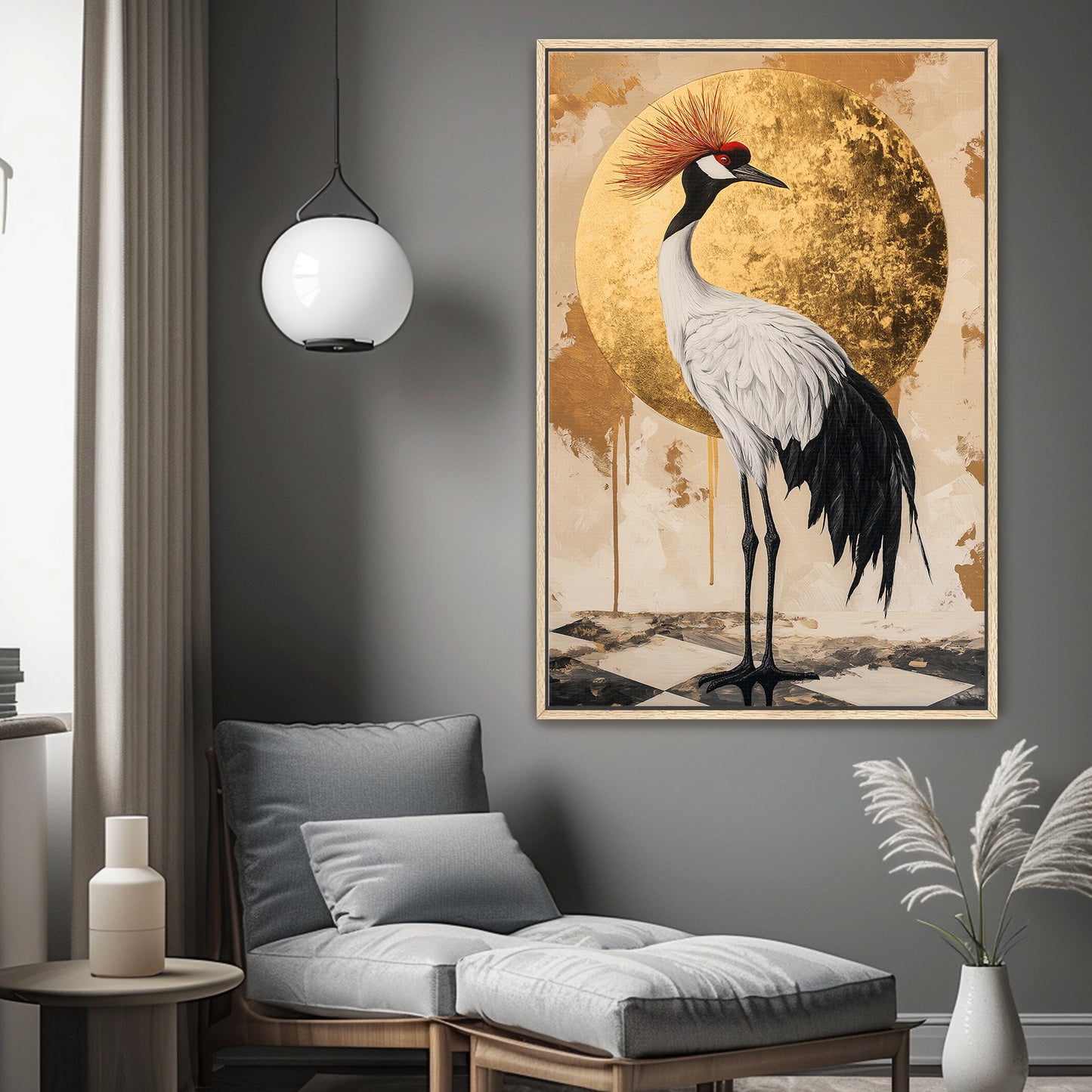 Asian Inspired Framed Canvas Print - "Celestial Crane"