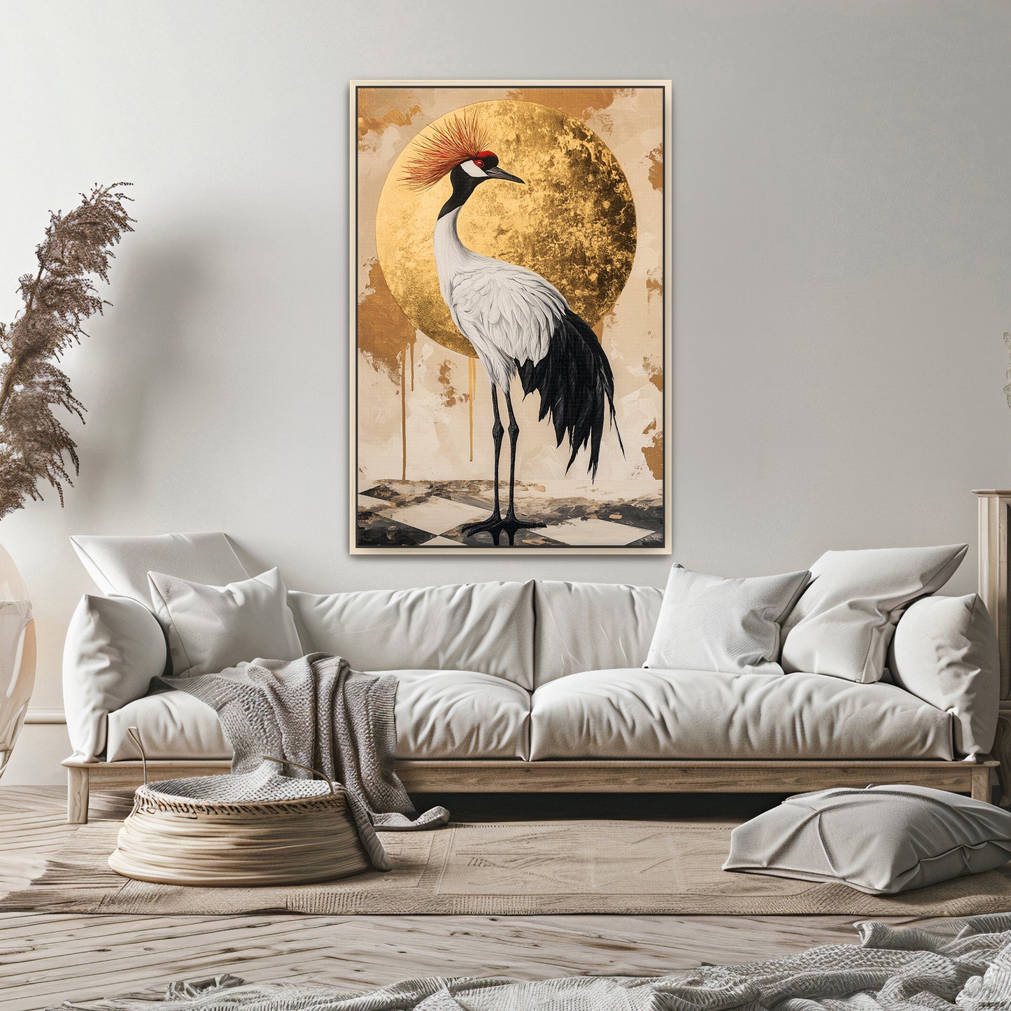 Asian Inspired Framed Canvas Print - "Celestial Crane"