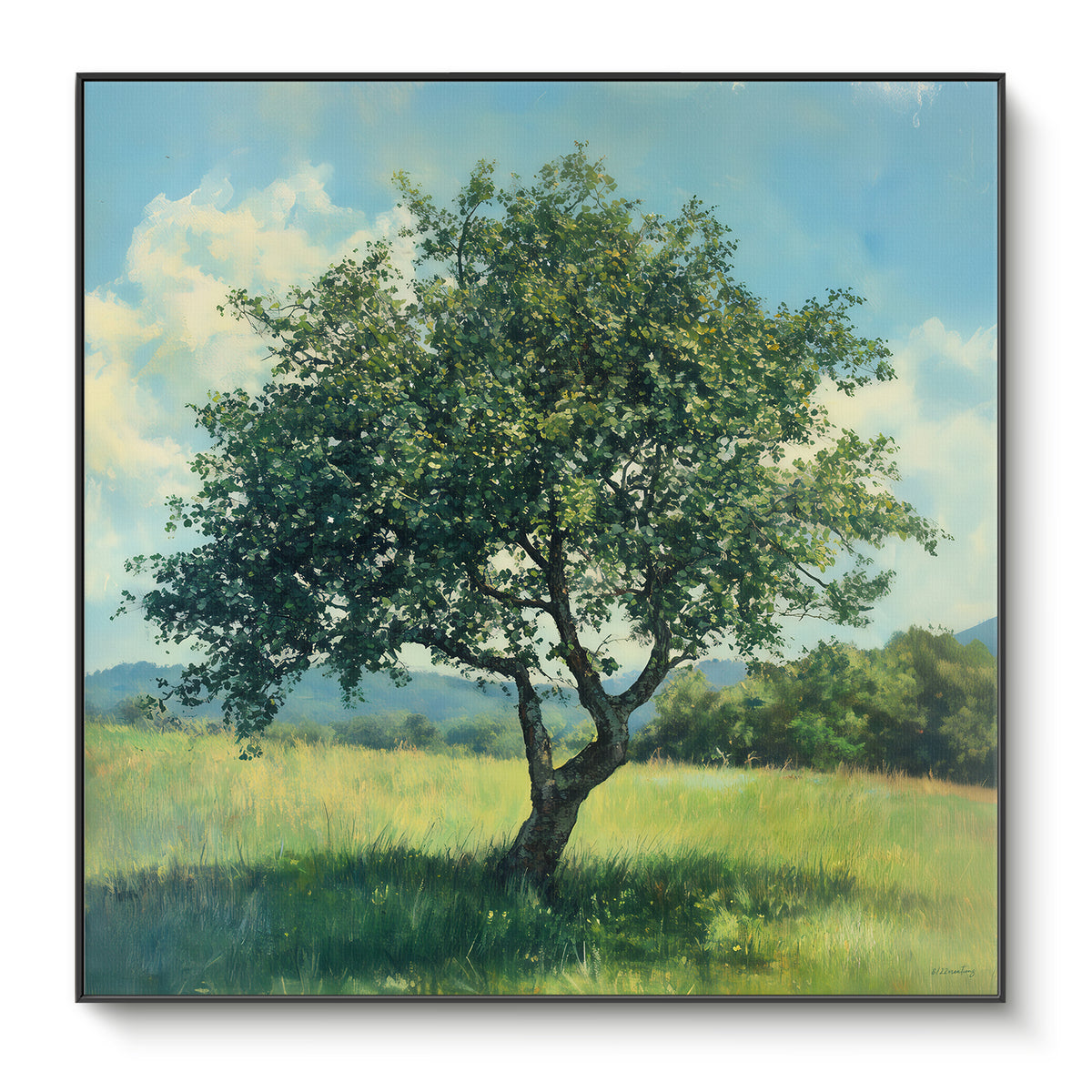 Framed canvas print of a solitary full-canopy tree in a bright green meadow with blue sky and rolling hills — nature wall art in a black floating frame