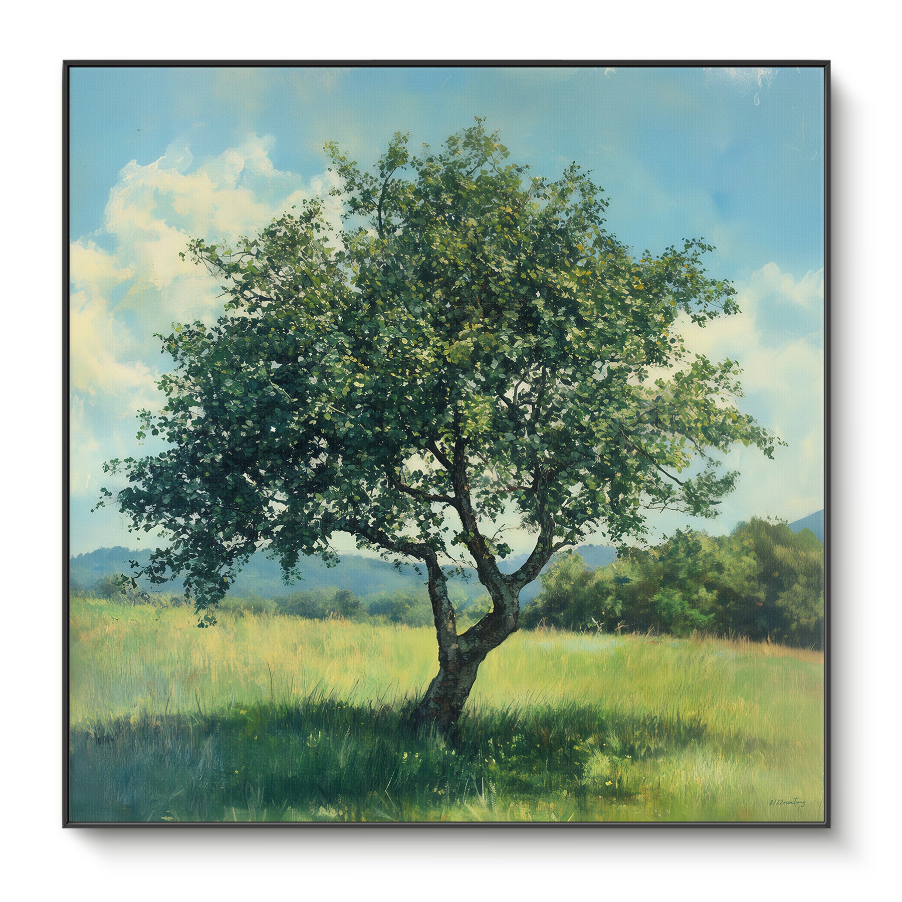 Framed canvas print of a solitary full-canopy tree in a bright green meadow with blue sky and rolling hills — nature wall art in a black floating frame