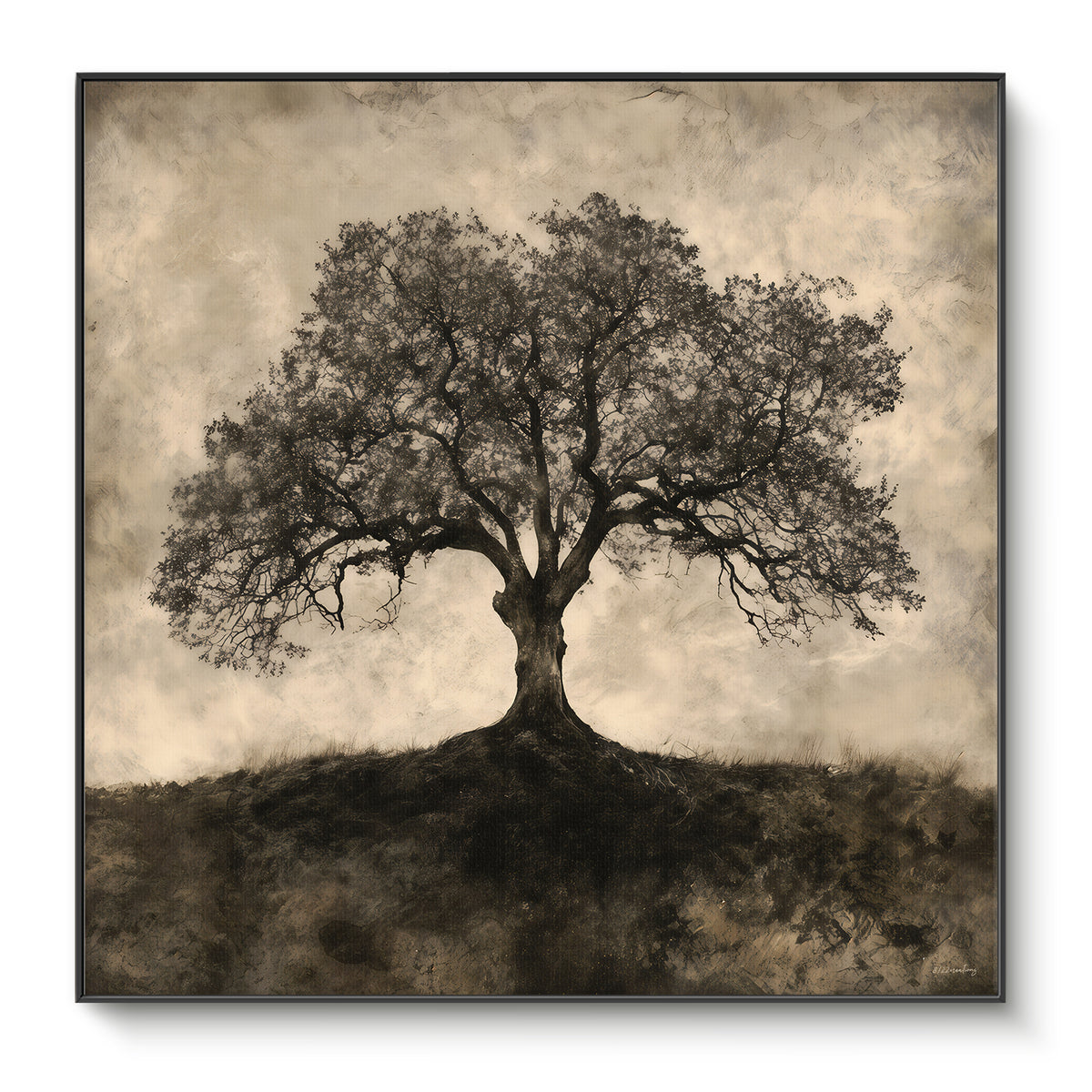 Framed canvas print of a solitary sepia-toned oak tree on a hillside with sprawling branches against a hazy sky — timeless vintage tree wall art in a black floating frame