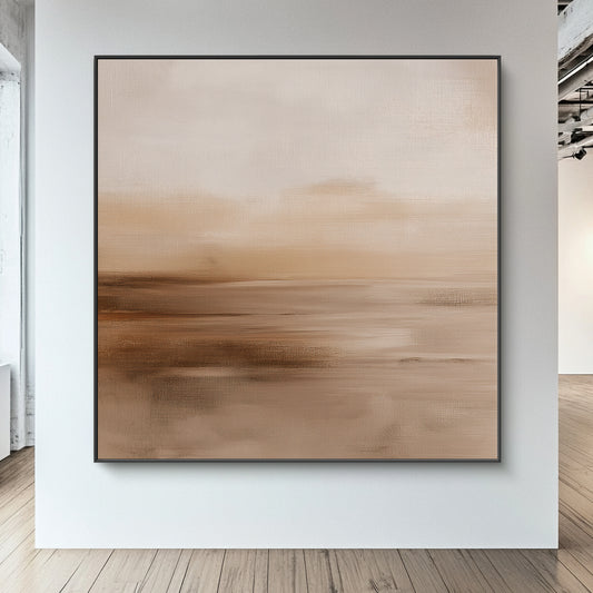 Framed canvas print with soft cream sky and warm sand tones — minimalist neutral landscape wall art in a floating frame