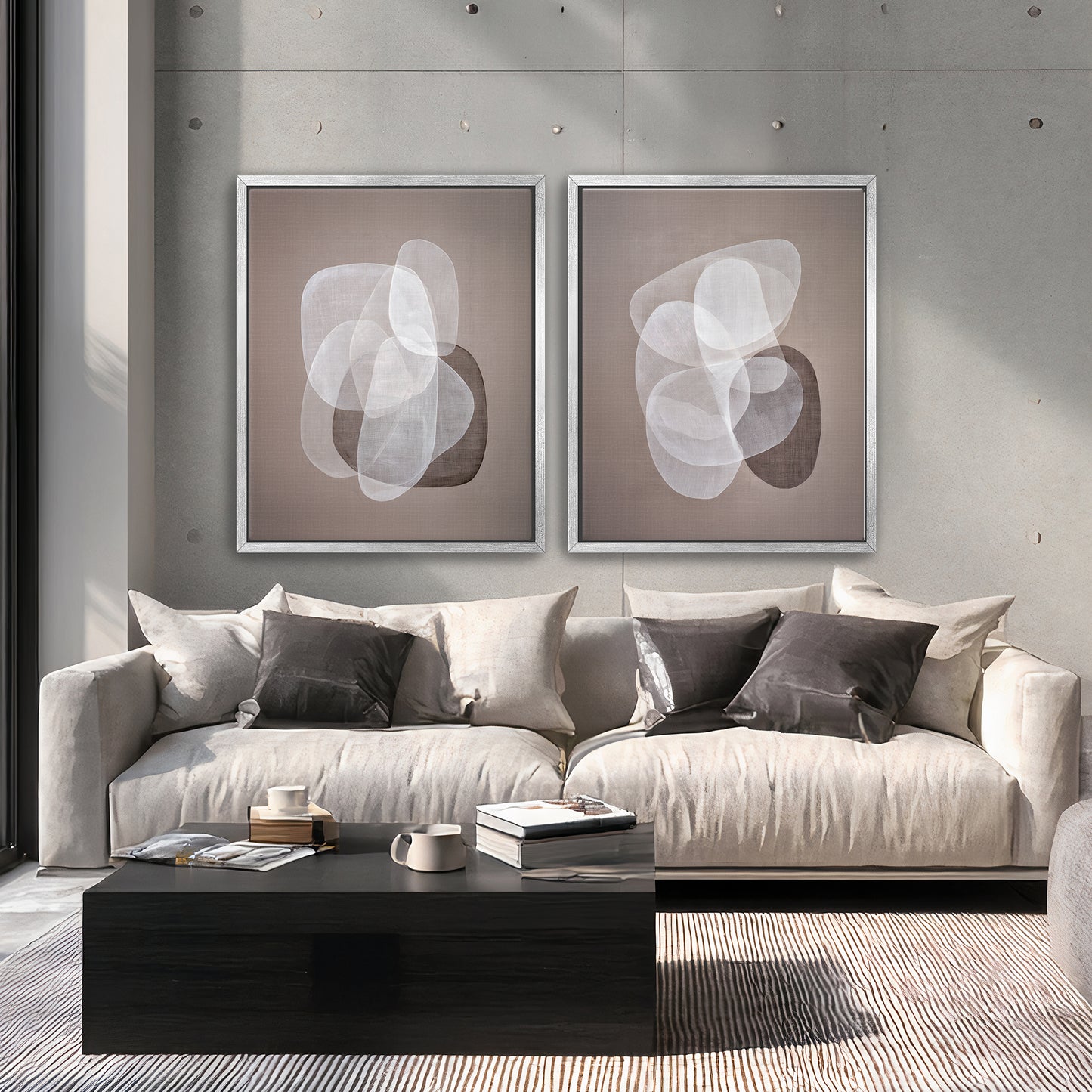 Abstract Neutral Wall Art 2 Piece Set Framed Canvas Print – Soft Interplay