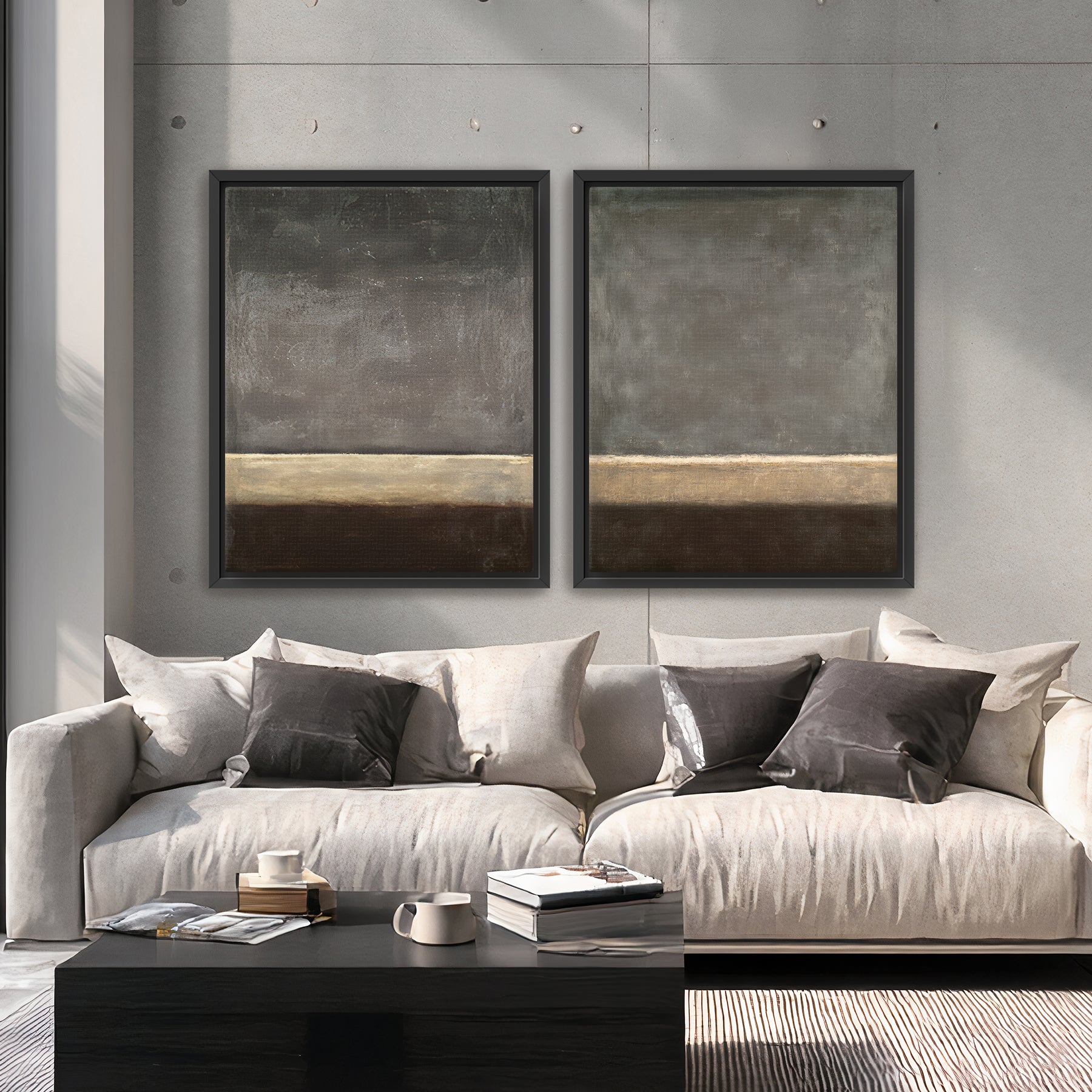 Abstract neutral wall art set of 2 framed canvas with modern textured horizon composition in neutral tones
