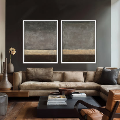 Abstract Neutral Wall Art Set Of 2 Framed Canvas Print – Quiet Horizon