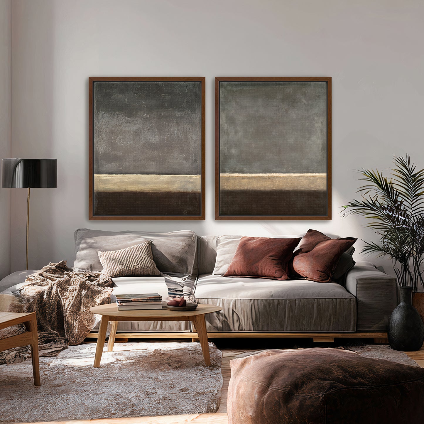 Abstract Neutral Wall Art Set Of 2 Framed Canvas Print – Quiet Horizon