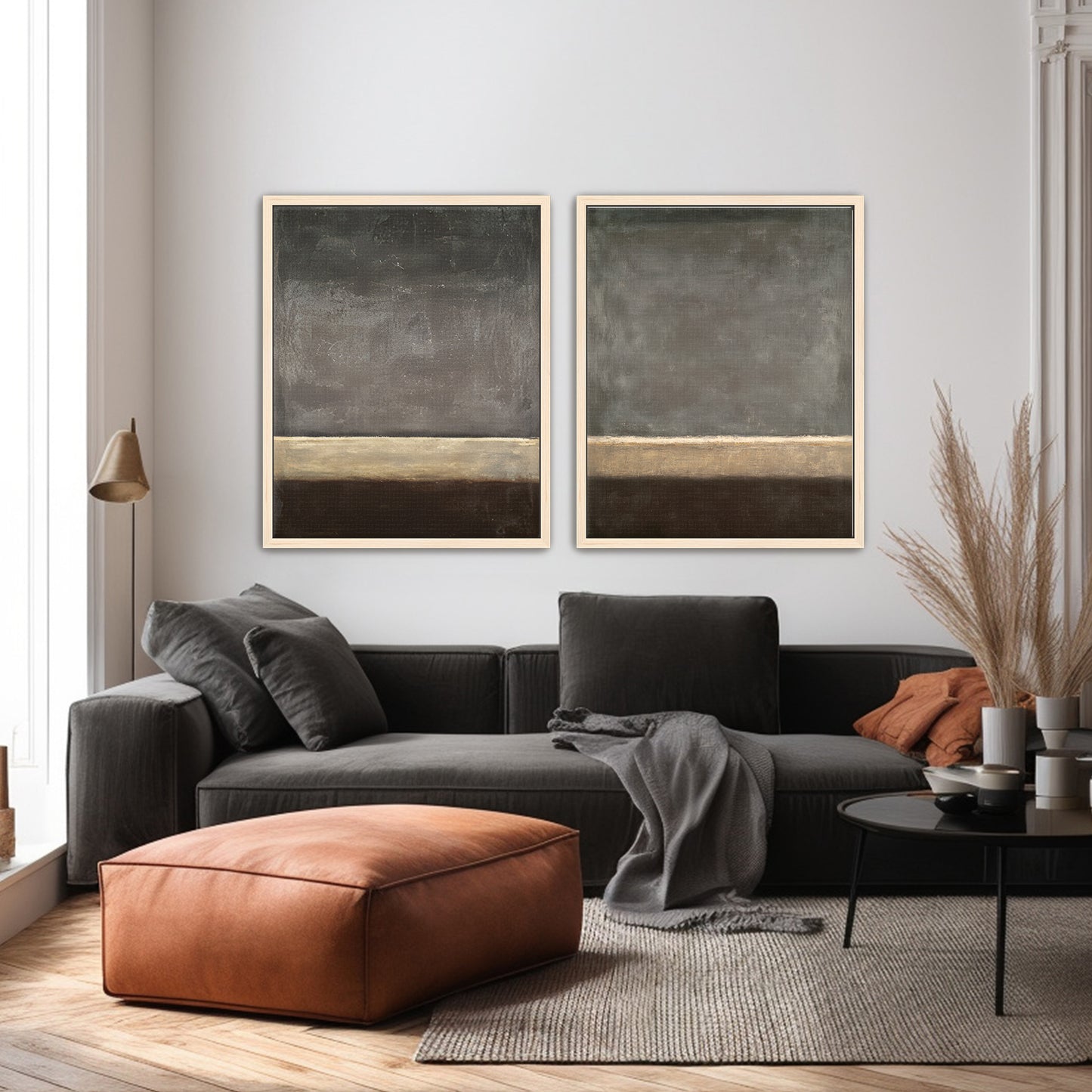 Abstract Neutral Wall Art Set Of 2 Framed Canvas Print – Quiet Horizon