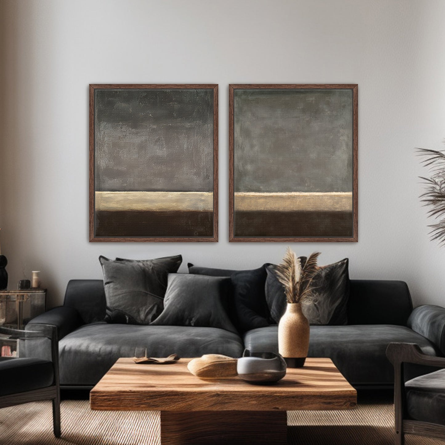 Abstract Neutral Wall Art Set Of 2 Framed Canvas Print – Quiet Horizon
