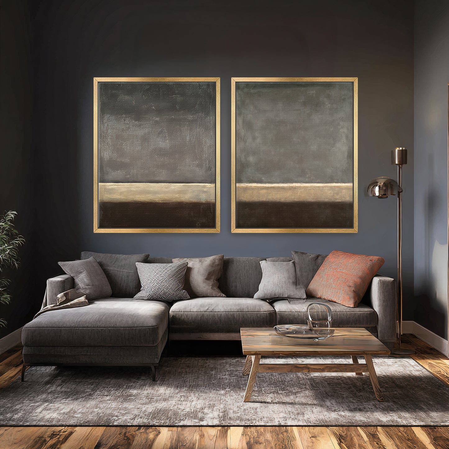 Abstract Neutral Wall Art Set Of 2 Framed Canvas Print – Quiet Horizon