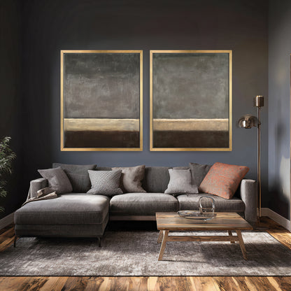 Abstract Neutral Wall Art Set Of 2 Framed Canvas Print – Quiet Horizon