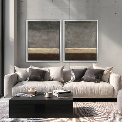 Abstract Neutral Wall Art Set Of 2 Framed Canvas Print – Quiet Horizon