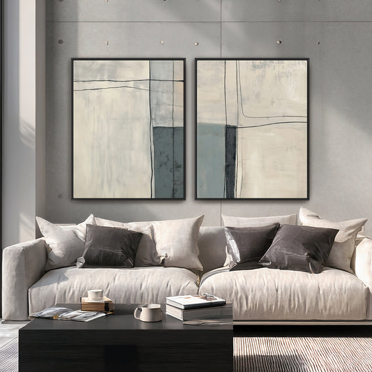 Neutral Abstract Canvas Wall Art Set of 2 Framed Canvas – Quiet Intersection
