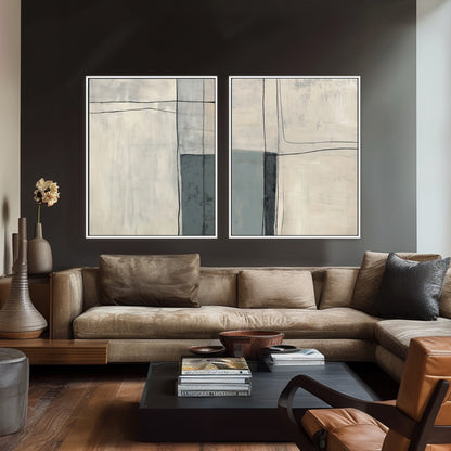 Neutral Abstract Canvas Wall Art Set of 2 Framed Canvas – Quiet Intersection